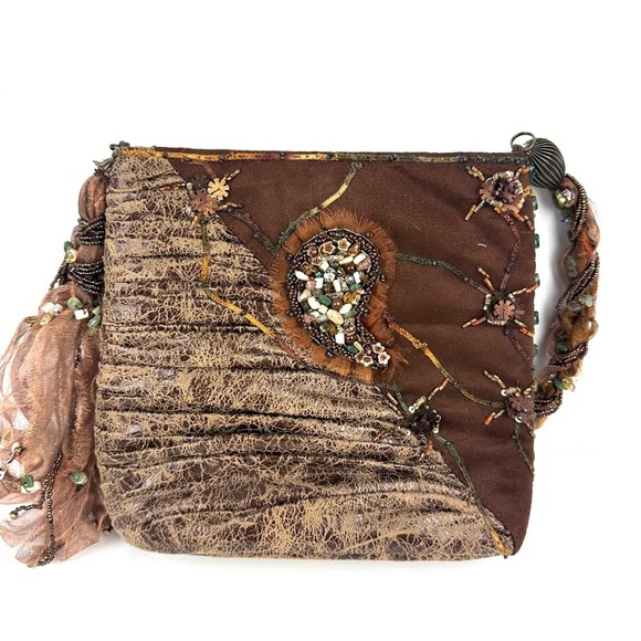 Mary Frances Beaded Handbag Brown Shoulder Bag Purse Bag Charm - Picture 5 of 12